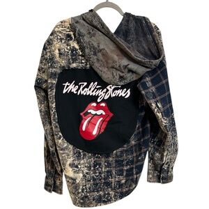 ROLLING STONES upcycled hoodie flannel ONE OF A KIND custom creation by Rachelle